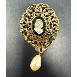 Vintage Cameo Dangle Brooch Gold Tone Filigree Faux Pearl Drop Ornate